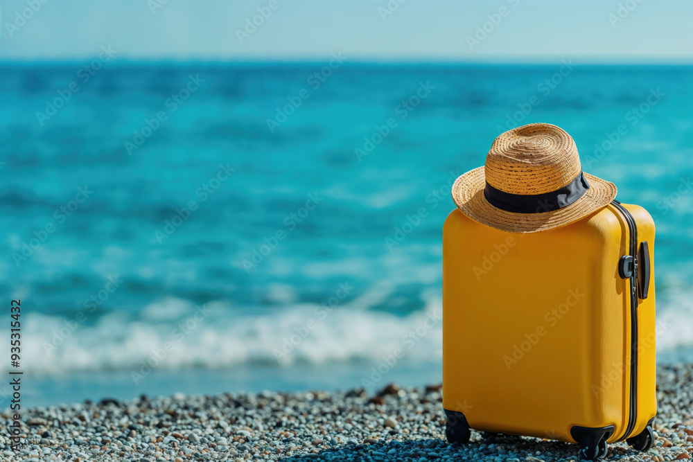 Yellow suitcase and straw hat on a pebble beach with a background of sea and waves. High quality photo Yellow suitcase and straw hat on a pebble beach with a background of sea and waves. High quality photo