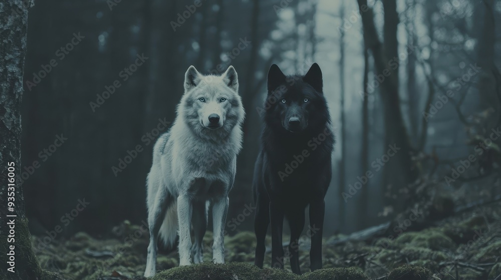 Two majestic wolves stand together in a misty forest, showcasing their striking contrasts against the serene backdrop. Two majestic wolves stand together in a misty forest, showcasing their striking contrasts against the serene backdrop.
