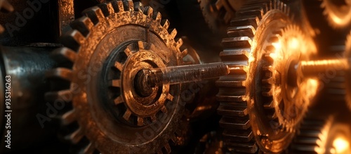 Close-up of Interlocking Metal Gears with Glowing Detail photo