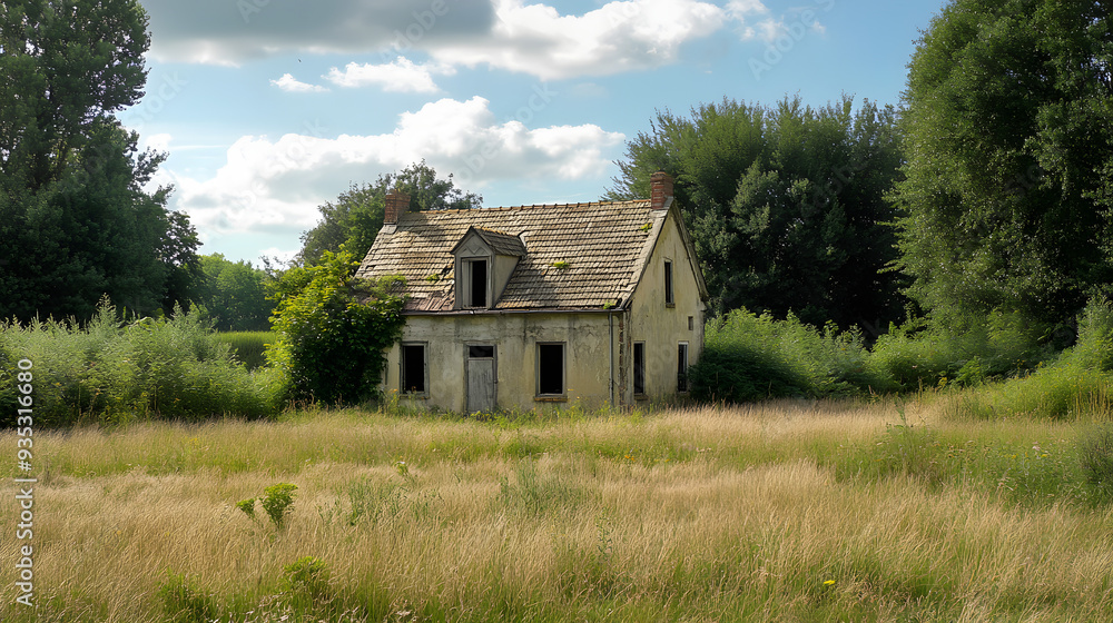 An old, empty house stands in a field with tall grass and large trees. The walls are worn, and there is overgrown greenery around it. An old, empty house stands in a field with tall grass and large trees. The walls are worn, and there is overgrown greenery around it.