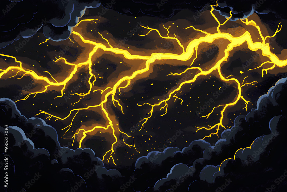 Obraz premium Yellow lightning strikes against a black background, dark clouds in the sky
