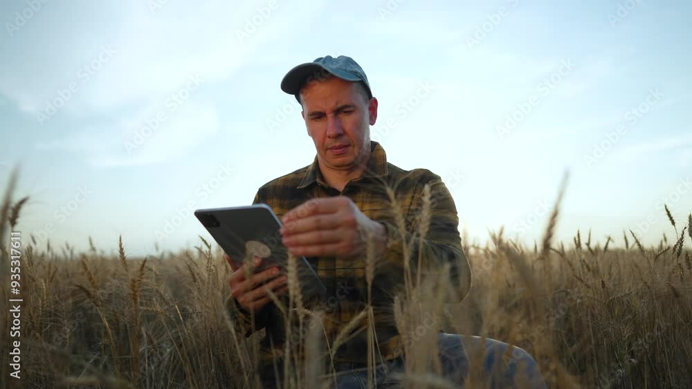 Farmer in wheat field with tablet. Middle aged man in hat and plaid shirt examining wheat. Modern agriculture technology. Farmer using tablet to analyze wheat. Technology enhancing farming efficiency. Farmer in wheat field with tablet. Middle aged man in hat and plaid shirt examining wheat. Modern agriculture technology. Farmer using tablet to analyze wheat. Technology enhancing farming efficiency.