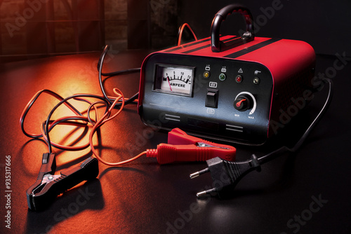 red new car battery charger with ammeter and terminals for 6 volts and 12 volts