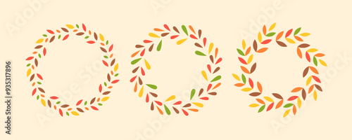 Autumn Leaves Geometric Colorful Frames Set. Round Fall Border. 