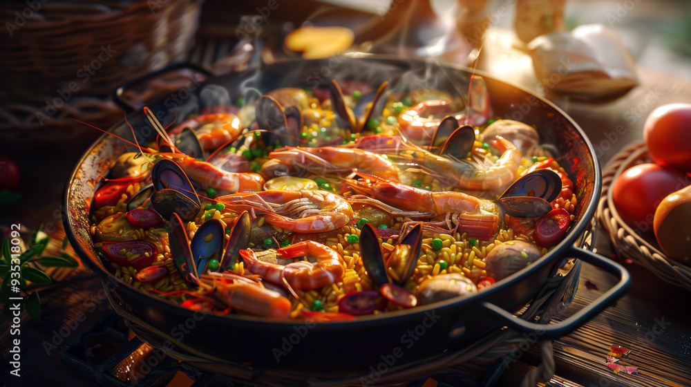 Fresh paella in pan on wooden table. Close-up of a delicious seafood paella with shrimp, mussels, and rice in a black pan. Traditional Spanish cuisine Fresh paella in pan on wooden table. Close-up of a delicious seafood paella with shrimp, mussels, and rice in a black pan. Traditional Spanish cuisine