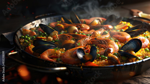 Fresh paella in pan on wooden table. Close-up of a delicious seafood paella with shrimp, mussels, and rice in a black pan. Traditional Spanish cuisine