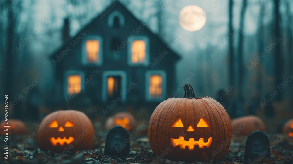 Haunting Harvest, an eerie scene with glowing jack-o-lanterns, a shadowy house in the background, illuminated windows, and a full moon casting a ghostly glow. Haunting Harvest, an eerie scene with glowing jack-o-lanterns, a shadowy house in the background, illuminated windows, and a full moon casting a ghostly glow.