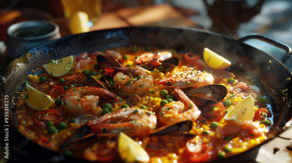 Fresh paella in pan on wooden table. Close-up of a delicious seafood paella with shrimp, mussels, and rice in a black pan. Traditional Spanish cuisine Fresh paella in pan on wooden table. Close-up of a delicious seafood paella with shrimp, mussels, and rice in a black pan. Traditional Spanish cuisine