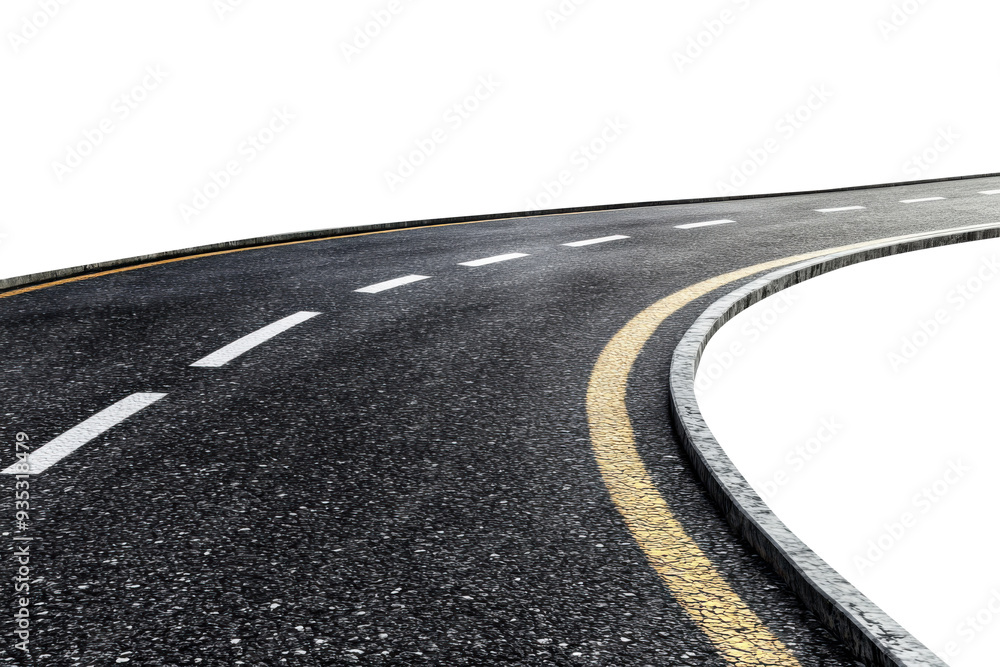 asphalt road with yellow and white lane markings right turn on transparent background, cut out, isolated, clipping path