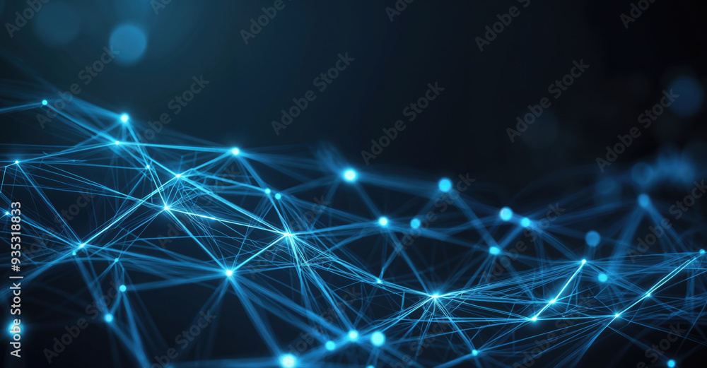 Fototapeta premium Abstract network of points and lines connecting forming a complex structure on a dark blue background with bokeh. High quality photo