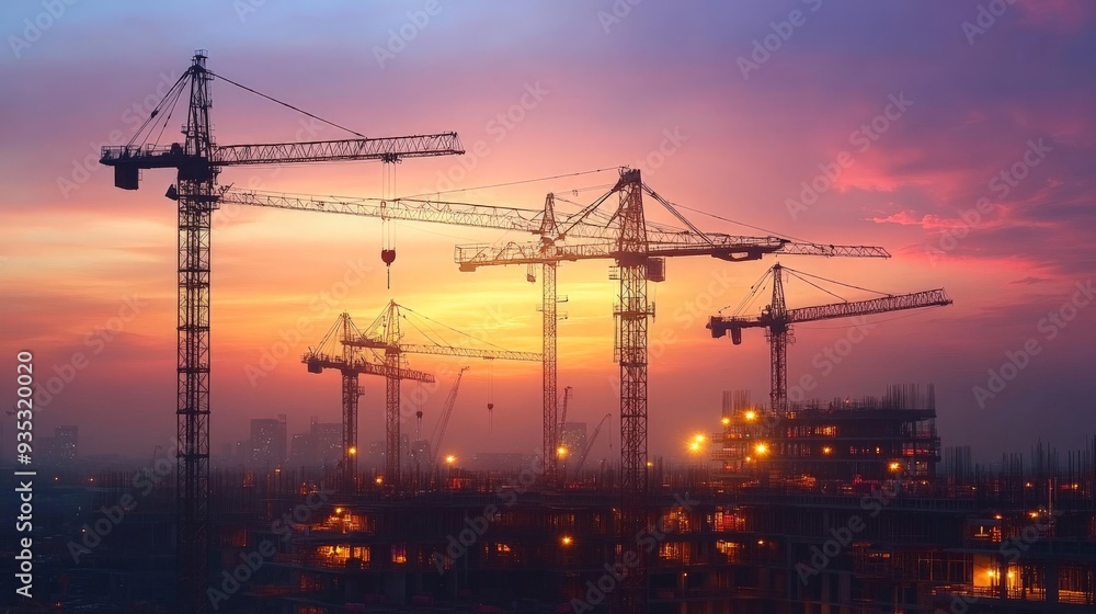 Silhouettes of Construction Cranes at Sunset. Silhouettes of Construction Cranes at Sunset.