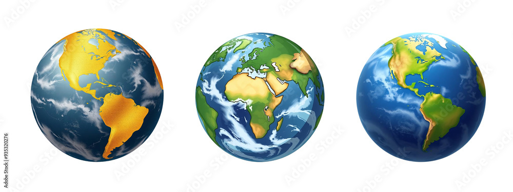 set of three earth planet illustration isolated on transparent background, cut out set of three earth planet illustration isolated on transparent background, cut out