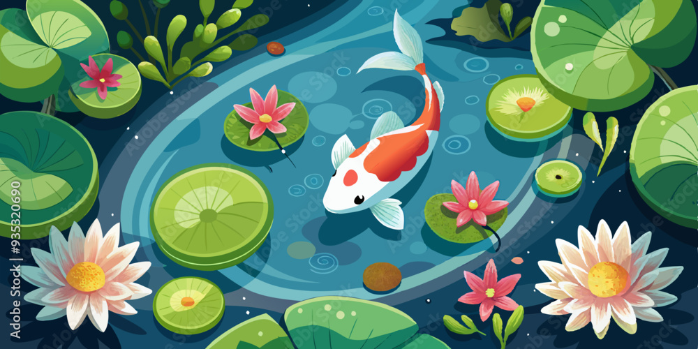 Top view closeup of Asian pond with plants koi fish and water lily vector image, japanese style Top view closeup of Asian pond with plants koi fish and water lily vector image, japanese style