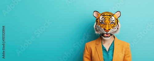 Person in tiger mask, vibrant turquoise background, stylish orange blazer, playful juxtaposition of wild and formal attire, embodies bold creativity and fun spirit. photo