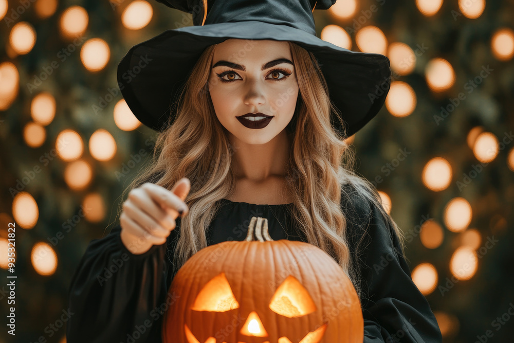 Enchanting witch with a carved pumpkin surrounded by glowing lights, capturing the essence of Halloween magic and mystery. Enchanting witch with a carved pumpkin surrounded by glowing lights, capturing the essence of Halloween magic and mystery.