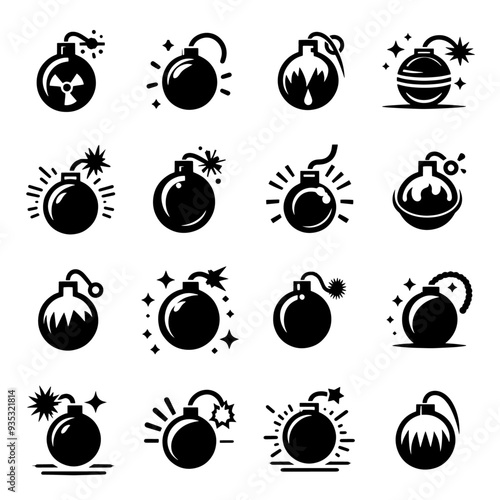 A collection of black and white icons of bombs