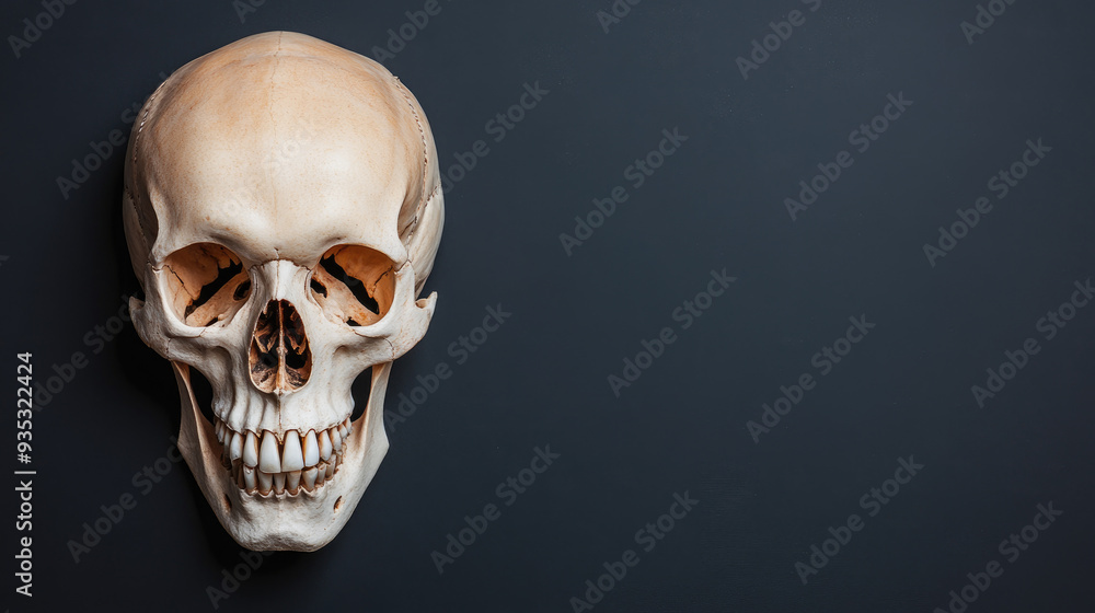 Detailed anatomical skull model on dark background, showcasing intricate bone structure and natural coloration, often used for educational purposes in biology and medicine. Detailed anatomical skull model on dark background, showcasing intricate bone structure and natural coloration, often used for educational purposes in biology and medicine.