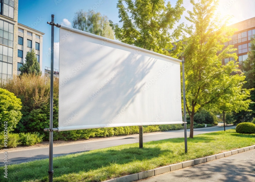 a large, blank white billboard or screen set up outdoors. It is supported by a metal frame with poles on either side. The billboard is situated on a grassy area next to a paved path or road a large, blank white billboard or screen set up outdoors. It is supported by a metal frame with poles on either side. The billboard is situated on a grassy area next to a paved path or road