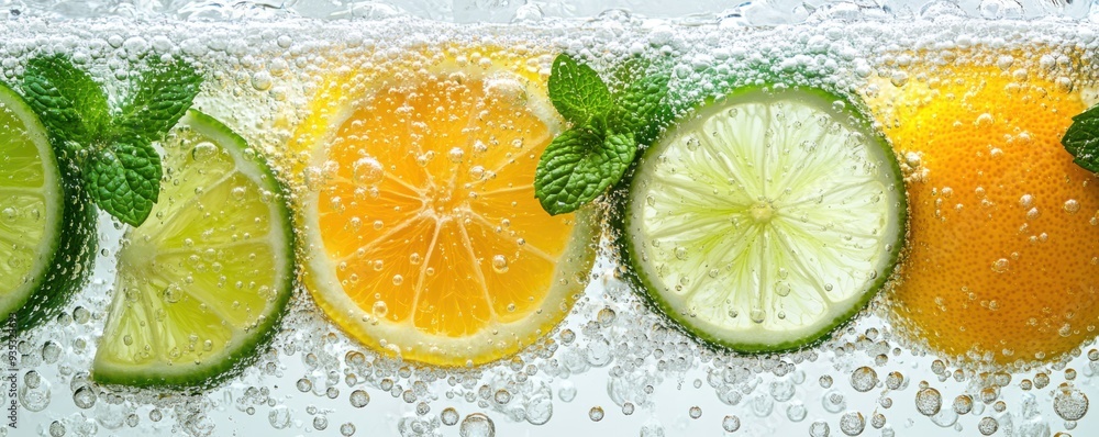 Refreshing citrus slices submerged in bubbly water with mint, perfect for drinks and summer vibes. Refreshing citrus slices submerged in bubbly water with mint, perfect for drinks and summer vibes.