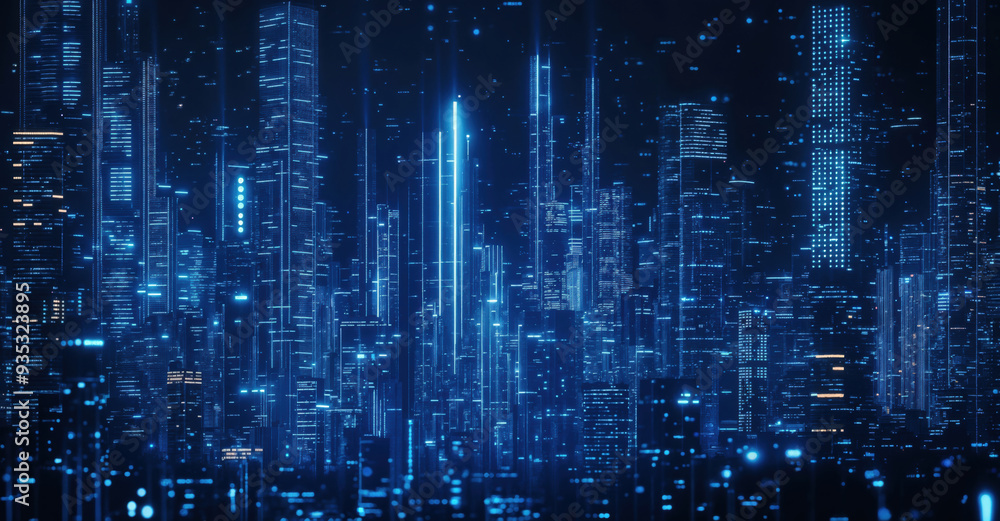 Futuristic cityscape shining at night with glowing lights trails, symbolizing modern technology, communication and internet network. High quality photo Futuristic cityscape shining at night with glowing lights trails, symbolizing modern technology, communication and internet network. High quality photo