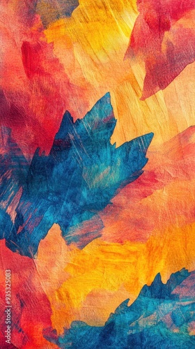 This artwork showcases a colorful paper texture with an abstract leaf pattern, blending vibrant hues of red, blue, and yellow