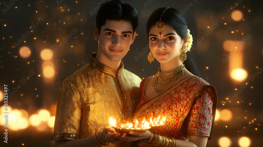 Indian couple celebrating Diwali with diya lamps. Indian couple celebrating Diwali with diya lamps.