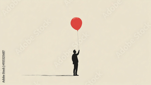 A person holding a balloon, with the balloon string drawn as a simple line extending upward, minimalist illustrated pictures of people,