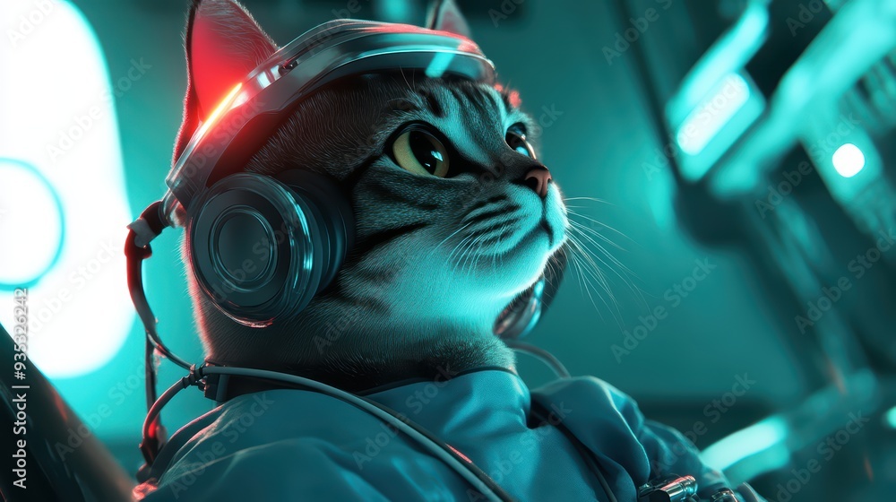 A futuristic cat wearing headphones and a space suit, capturing the essence of adventure and technology in a vibrant setting. A futuristic cat wearing headphones and a space suit, capturing the essence of adventure and technology in a vibrant setting.