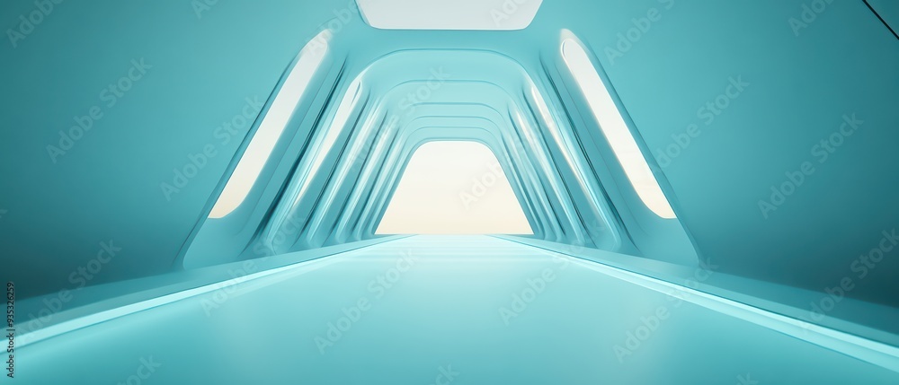 Obraz premium A futuristic corridor with a sleek design and glowing lights, offering a view of a bright, inviting space ahead.