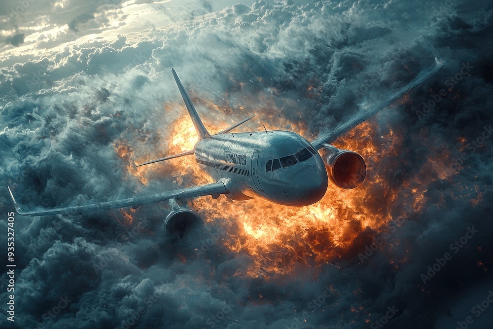 Obraz premium A highly realistic, high-resolution image depicting a large commercial airplane in the midst of a nosedive towards the ocean, surrounded by thick clouds and turbulent weather. The plane is clearly in