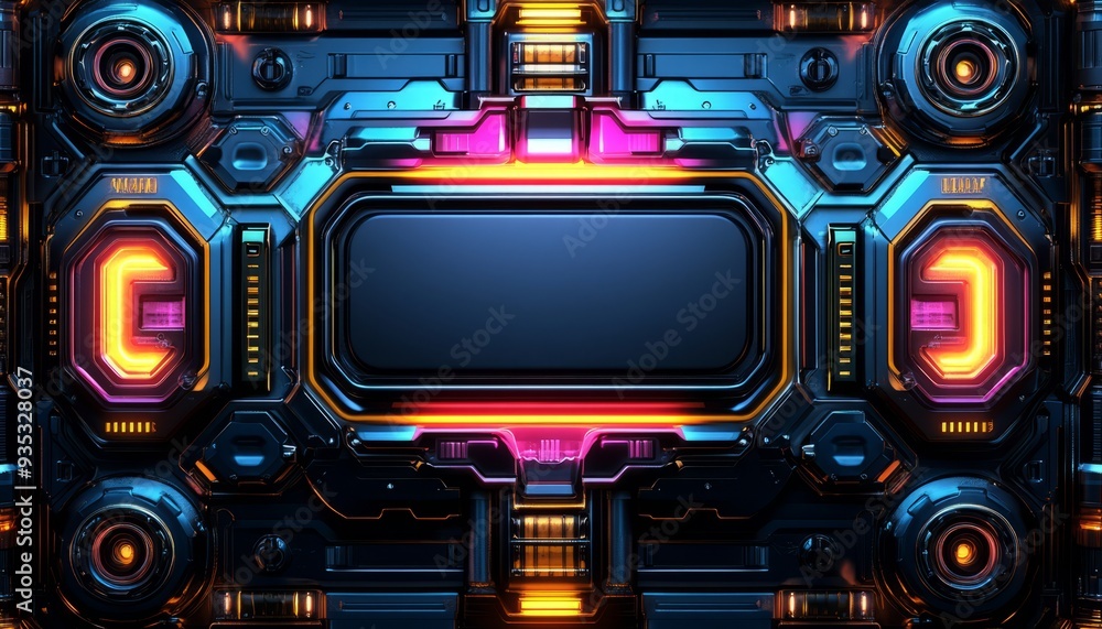 Futuristic Metal Panel with Glowing Lights and a Black Rectangle Futuristic Metal Panel with Glowing Lights and a Black Rectangle
