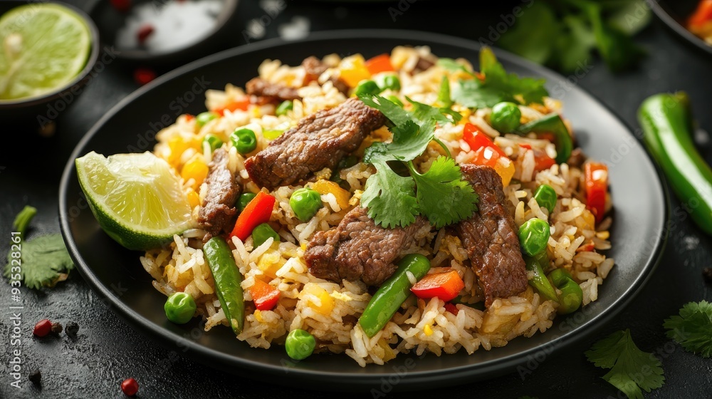 A close-up of a delicious fried rice dish with beef, vegetables, and a garnish of cilantro. A close-up of a delicious fried rice dish with beef, vegetables, and a garnish of cilantro.
