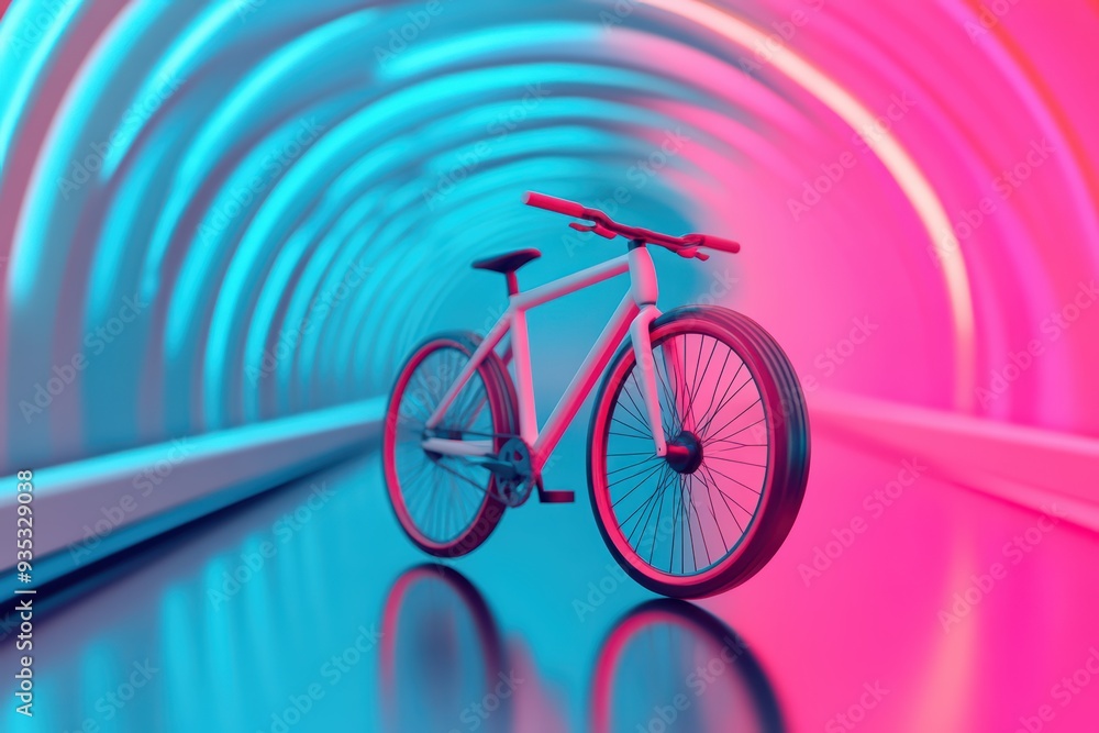 Fototapeta premium A modern bicycle showcased in a vibrant, neon-lit tunnel, emphasizing dynamic motion and futuristic design.