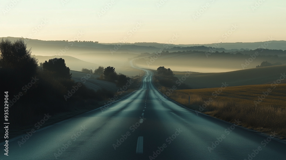 Fototapeta premium A stunning highway landscape at sunset, capturing the endless road stretching into the horizon, surrounded by rolling hills and vibrant skies.