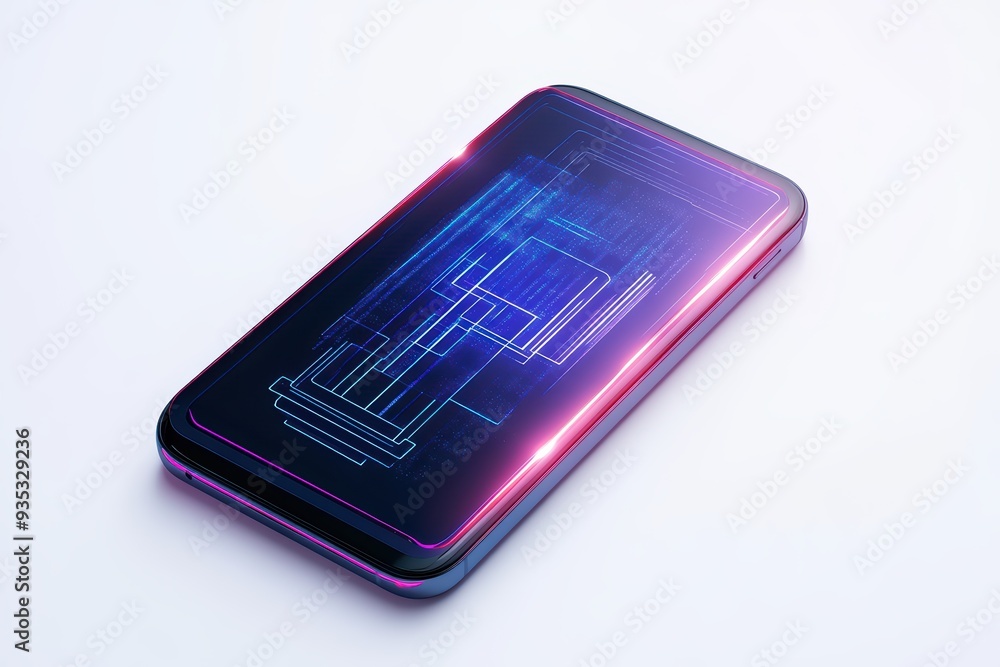 A modern smartphone displaying a futuristic circuit design with vibrant neon colors, representing technology and innovation. A modern smartphone displaying a futuristic circuit design with vibrant neon colors, representing technology and innovation.