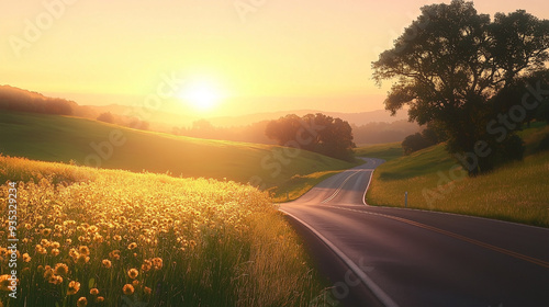 A stunning highway landscape at sunset, capturing the endless road stretching into the horizon, surrounded by rolling hills and vibrant skies.