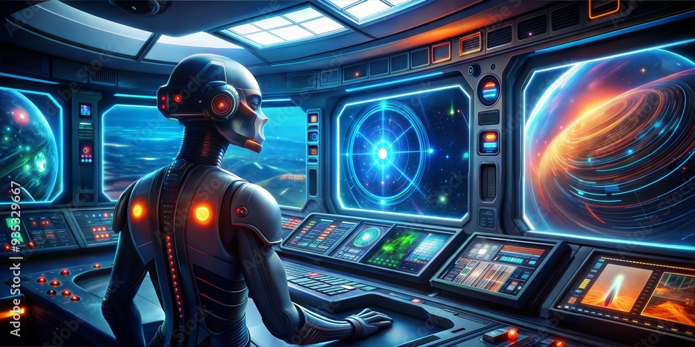 Cosmic Command: A stoic alien pilot surveys a vibrant galaxy from a futuristic starship cockpit, hinting at interstellar exploration and advanced technology. Cosmic Command: A stoic alien pilot surveys a vibrant galaxy from a futuristic starship cockpit, hinting at interstellar exploration and advanced technology.