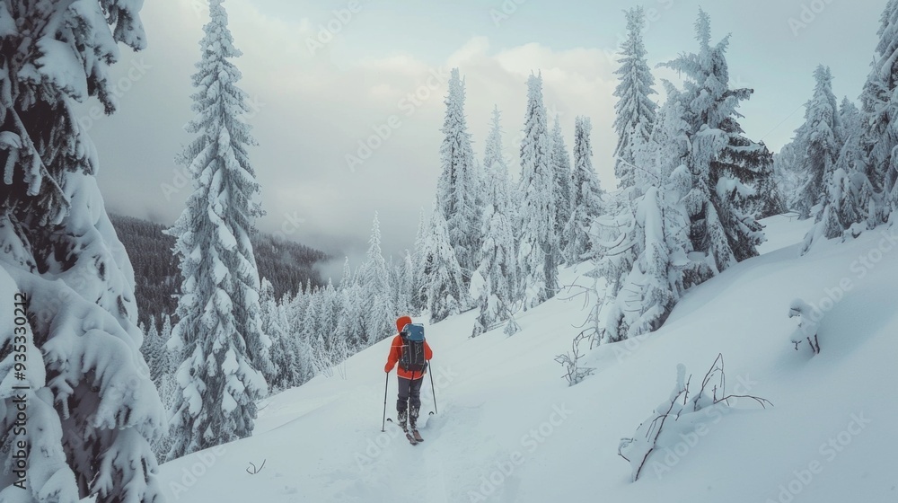 A skier makes their way along a serene backcountry path, surrounded by snow-covered trees under a cloudy winter sky, epitomizing the joy of exploration in nature A skier makes their way along a serene backcountry path, surrounded by snow-covered trees under a cloudy winter sky, epitomizing the joy of exploration in nature