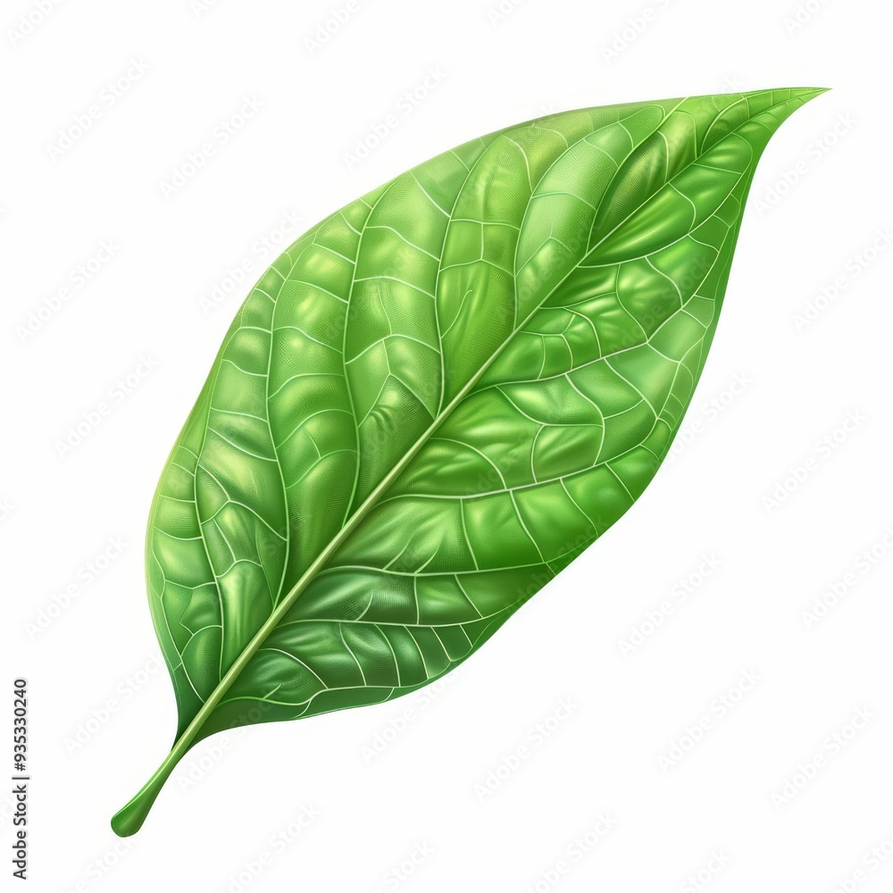 Fototapeta premium Single, Vibrant Green Leaf with Detailed Veining Isolated on White Background
