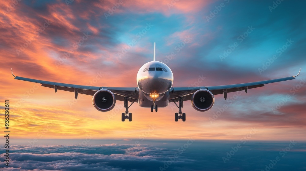 Evening flight of a passenger airplane on a background of beautiful sky Evening flight of a passenger airplane on a background of beautiful sky
