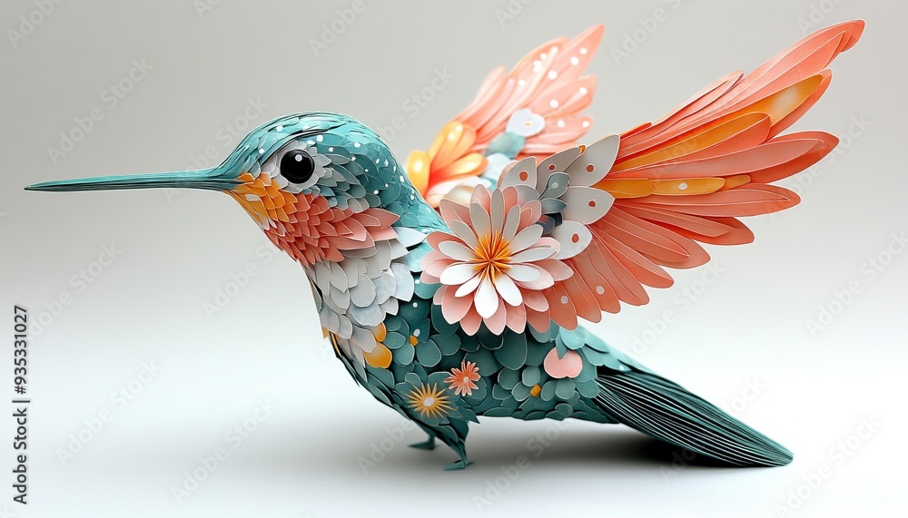 Obraz premium 3D paper model of a hummingbird with pastel teal p 00105 bird, hummingbird, animal, vector, nature, flying, illustration, flower, beak, tropical, wing, cartoon, feather, art, parrot, wildlife, colibri