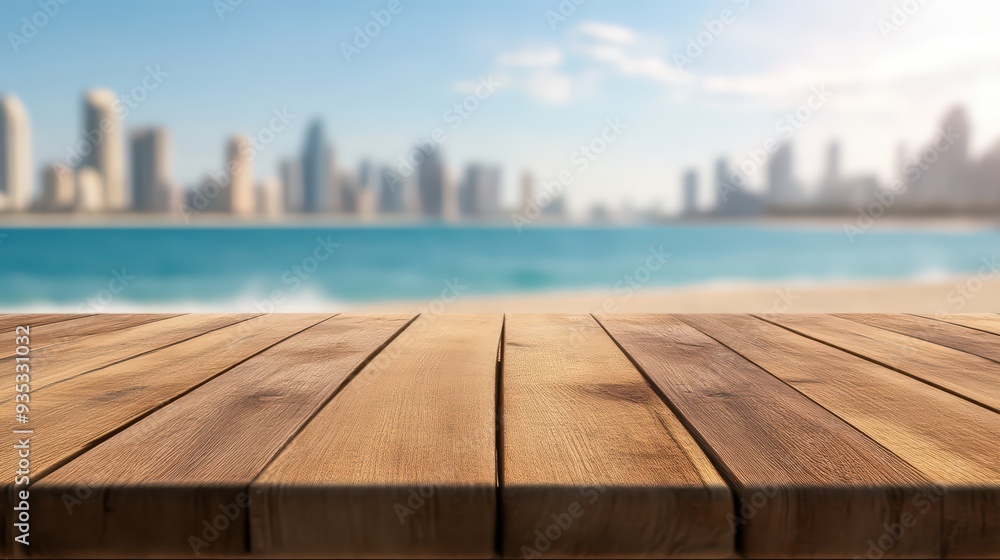 A serene wooden table with a vibrant beachscape and city skyline in the background, perfect for showcasing products or events. A serene wooden table with a vibrant beachscape and city skyline in the background, perfect for showcasing products or events.