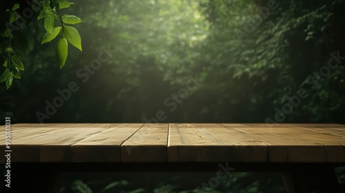 A serene wooden table set against a lush green forest backdrop, perfect for showcasing natural beauty and outdoor creativity.