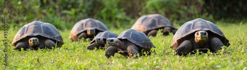 A group of tortoises peacefully grazing on lush green grass in a sunny environment, showcasing their natural habitat and behavior.