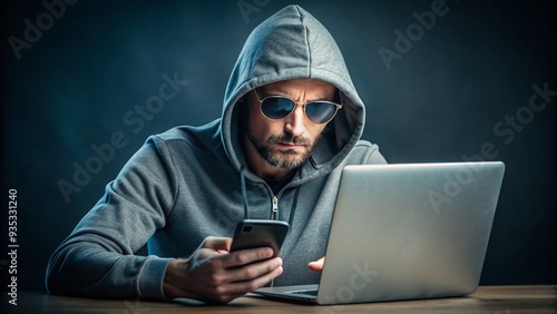 A hoodie-clad figure with a nose ring and sunglasses intensely types away on a laptop while holding a phone with a cryptic message on the screen. photo