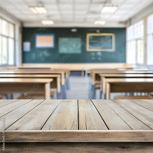 School classroom in blur background with wood table floor copy space; Blurry view of elementary class room no kid or teacher with chairs and tables in campus.