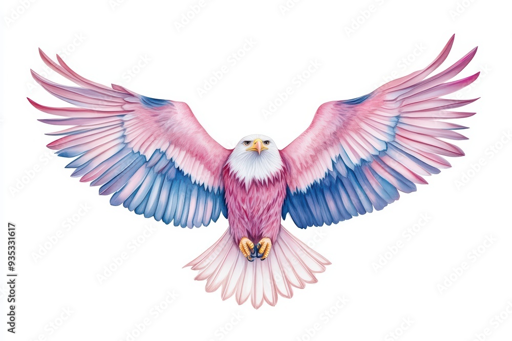 Obraz premium A stunning artistic depiction of a colorful bird in flight, showcasing vibrant pink and blue feathers against a white background.