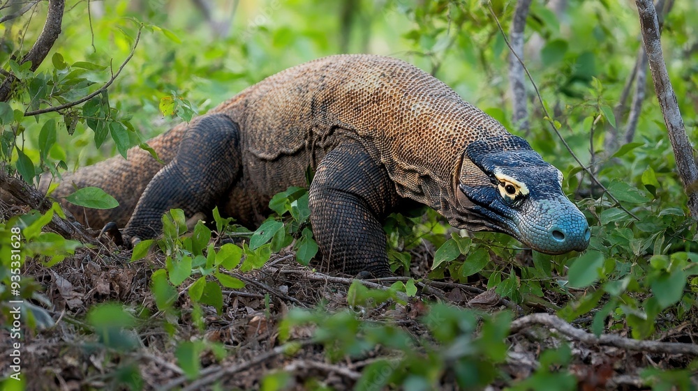 Fototapeta premium A Komodo dragon stealthily navigates through lush greenery, showcasing its distinctive scales and powerful presence in nature.