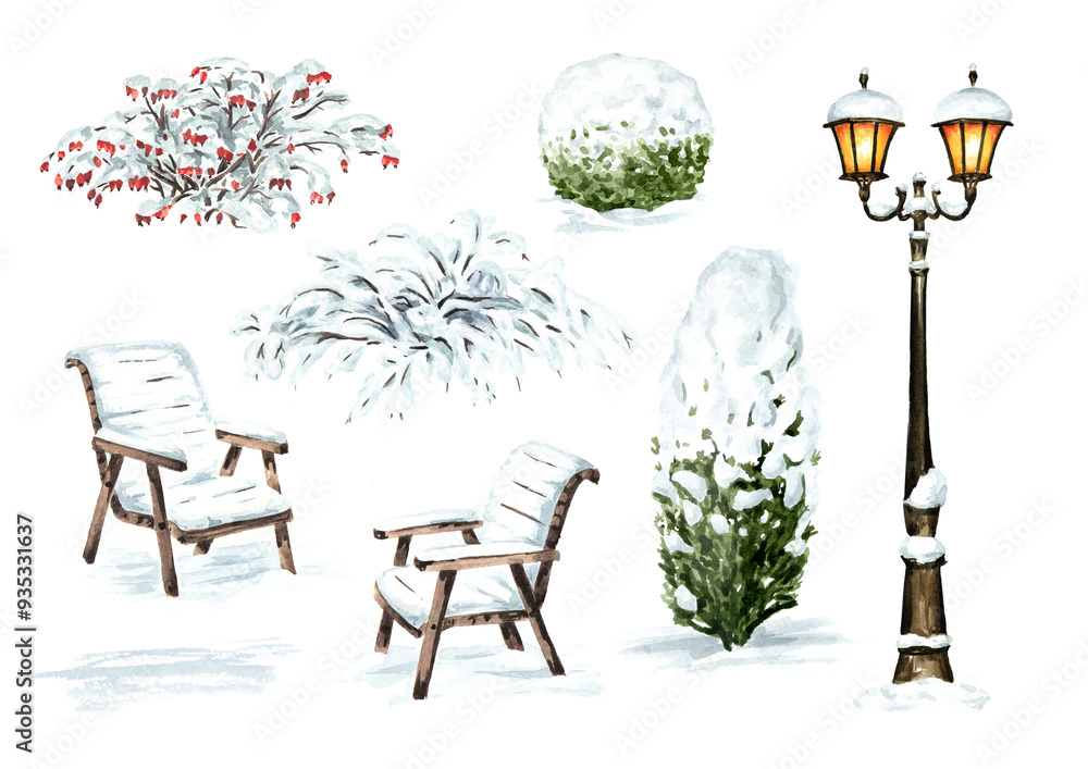 Garden chairs and plants under the snow set, public winter park elements, Hand drawn watercolor illustration, isolated on white background Garden chairs and plants under the snow set, public winter park elements, Hand drawn watercolor illustration, isolated on white background
