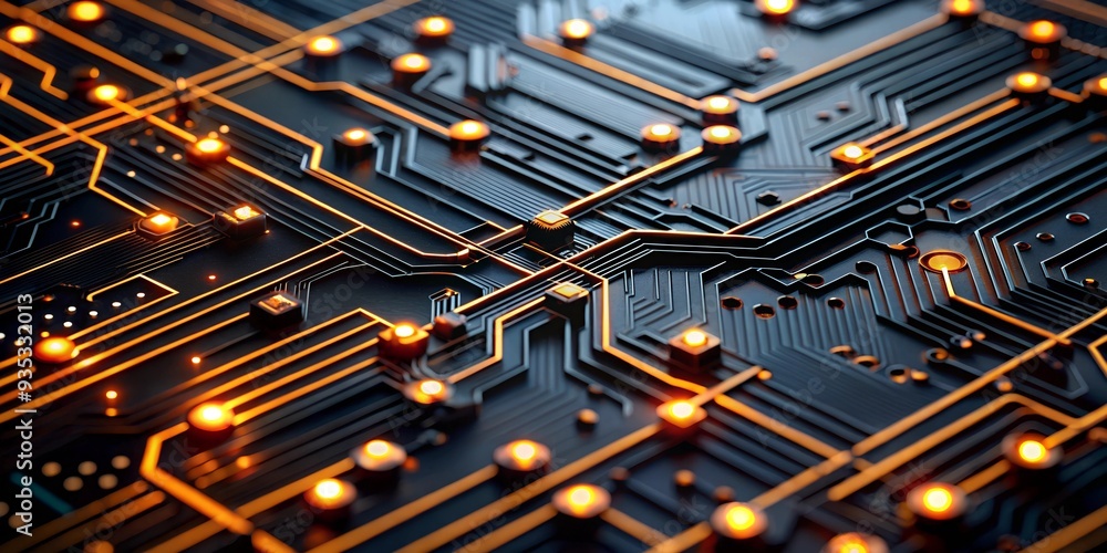 Circuitry Symphony: A close-up shot of a complex circuit board, its intricate copper tracks and glowing LEDs create a mesmerizing pattern, symbolizing the interconnectedness of technology and the flow Circuitry Symphony: A close-up shot of a complex circuit board, its intricate copper tracks and glowing LEDs create a mesmerizing pattern, symbolizing the interconnectedness of technology and the flow